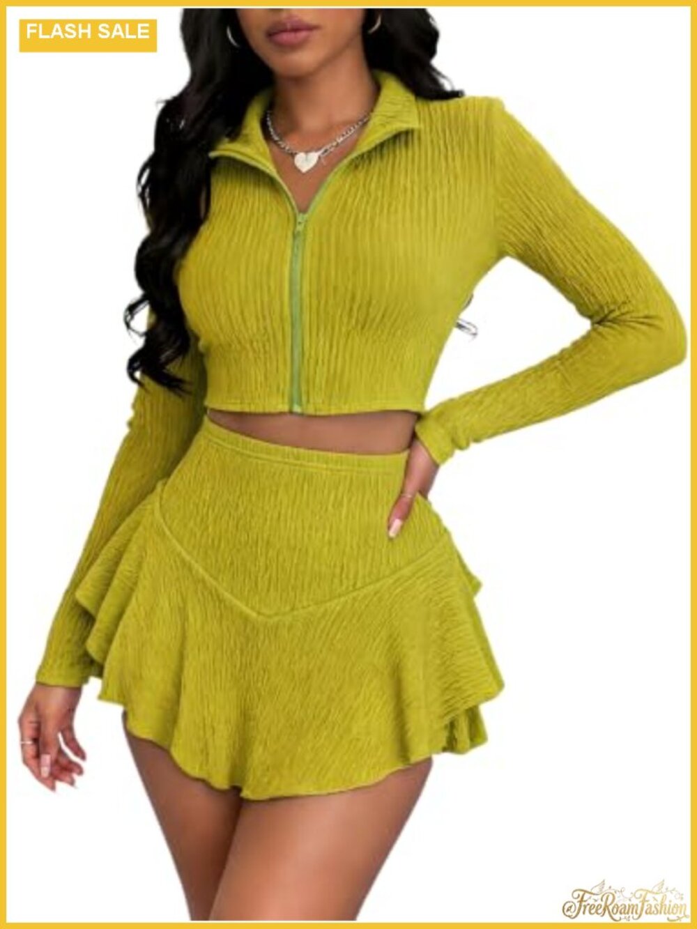 Women 2 Piece Zip Front Crop Top Ruffle Mini Skort Set Going Out